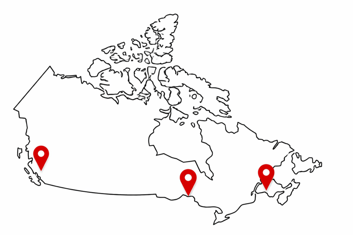 Canada location map with red pins on Vancouver, Toronto, and Montreal