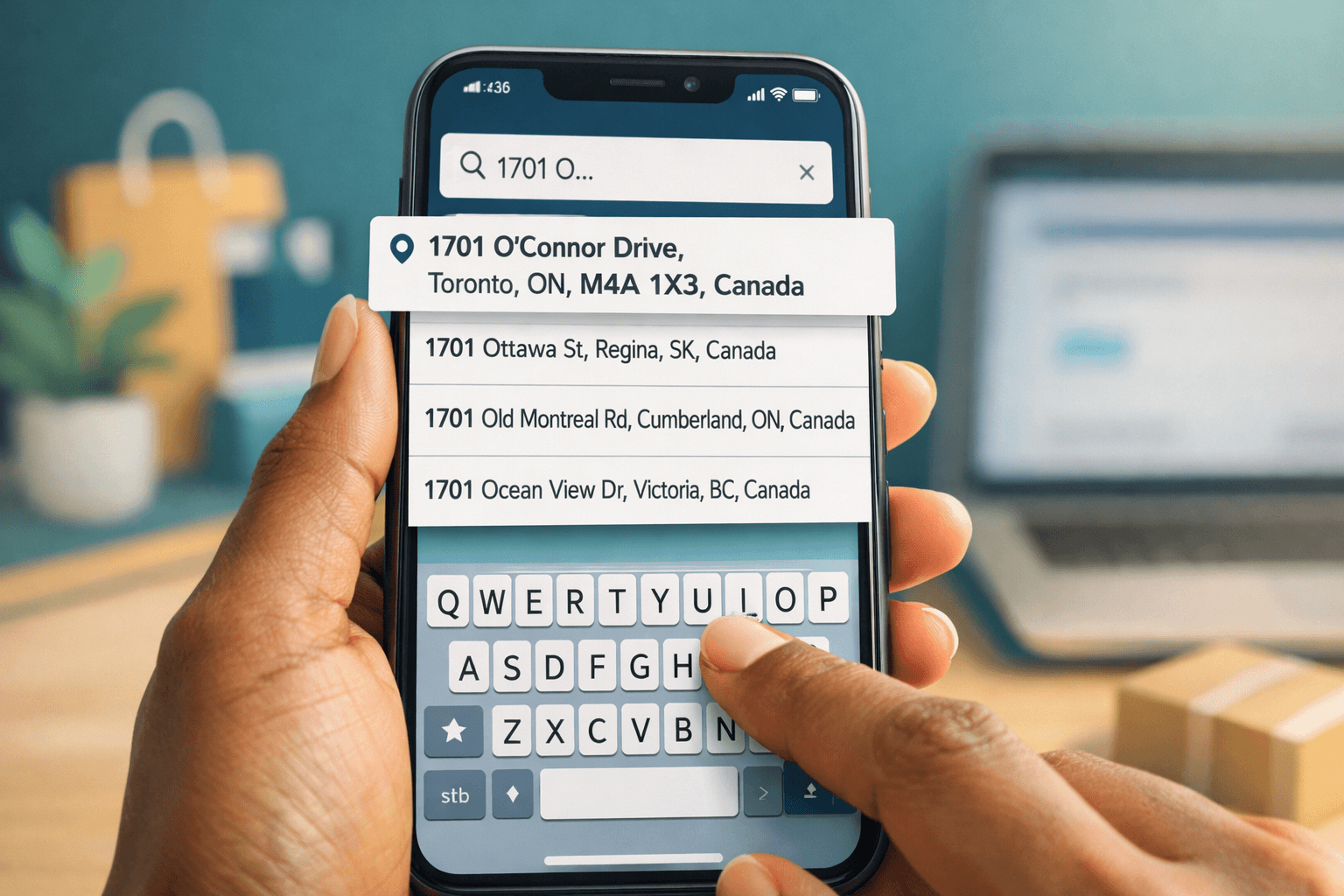 Mobile smartphone Canadian address autocomplete search bar with suggestions for Toronto, Vancouver, and Montreal