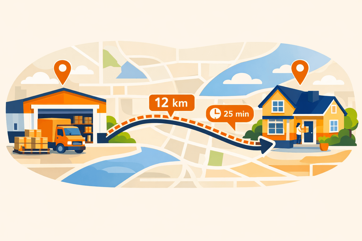 Shipping distance and estimated arrival time tracking illustration